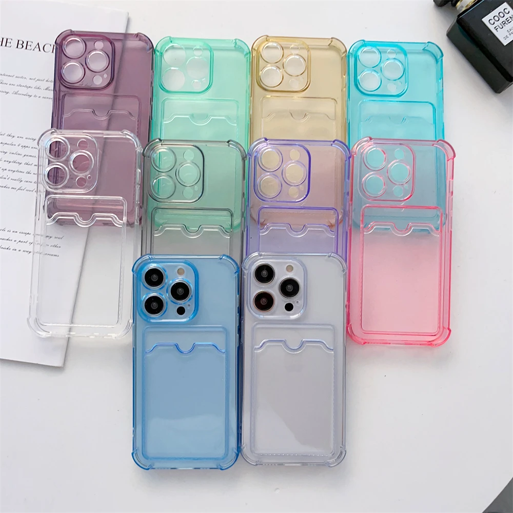 Candy Color Transparent Wallet Card Slot Holder Case For iPhone 16 15 11 12 13 14 Pro Max XR X XS 7 8 Plus Soft Silicone Cover