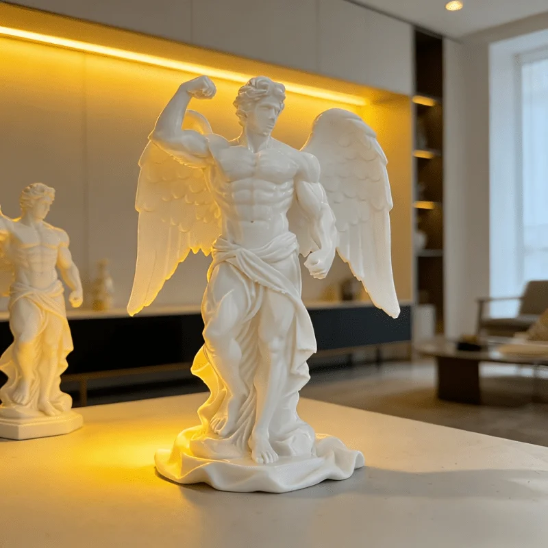 White Resin Male Angel Sculpture Classical Greek Style Winged Warrior Statue Retro European Figure Figurine Desktop Art Ornament