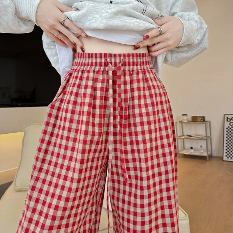 Women Chic Retro Plaid High Waist Pants Female High Waist Comfortable Long Pants Girls Classic Fashion Straight Leg Trousers