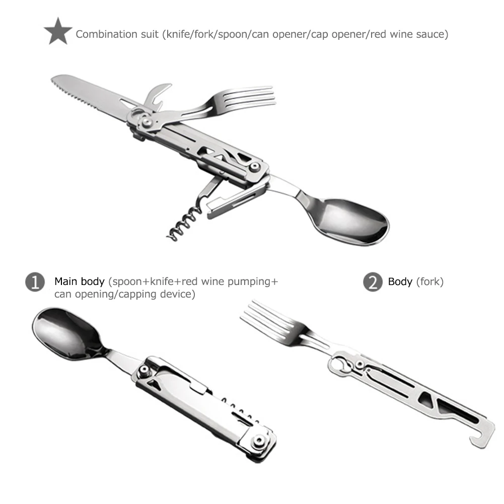 

6 in 1 Multifunctional Can Bottle Opener Foldable Portable Fork Spoon Tableware EDC Tool for Picnic Hiking for Travelling BBQ