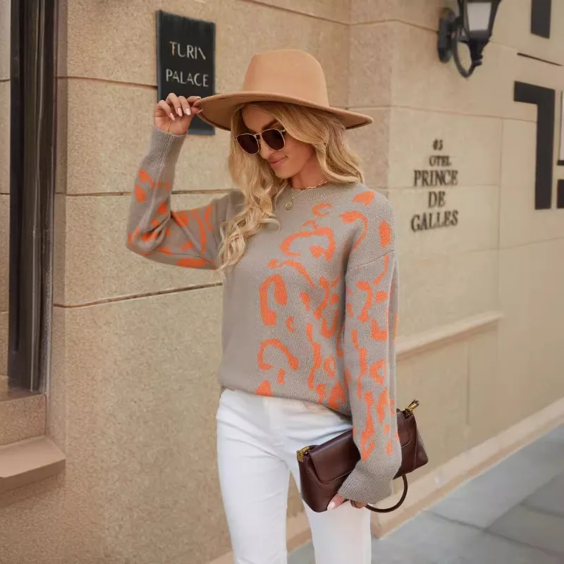 

Women's Spring Autumn Tops Pullover Round Neck Leopard Long Sleeve Design Retro Niche Skinny New Fashion Loose Advanced Soft