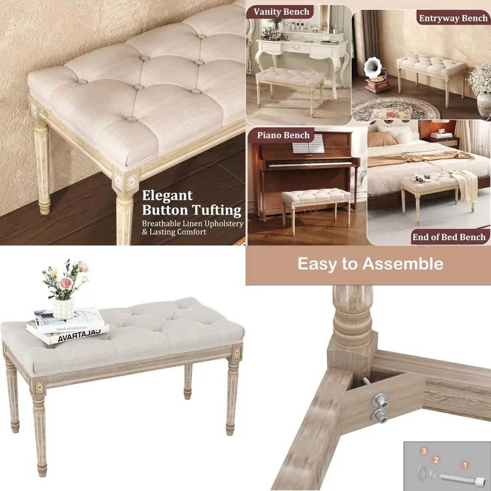 

Мягкая скамейка с пуговицами, акцентная мебель для спальни и гостиной, бежевый