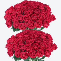 Artificial Roses Velvet Flowers with Long Stem Fake Roses Bouquet DIY for Home Wedding Decor 50 PCS