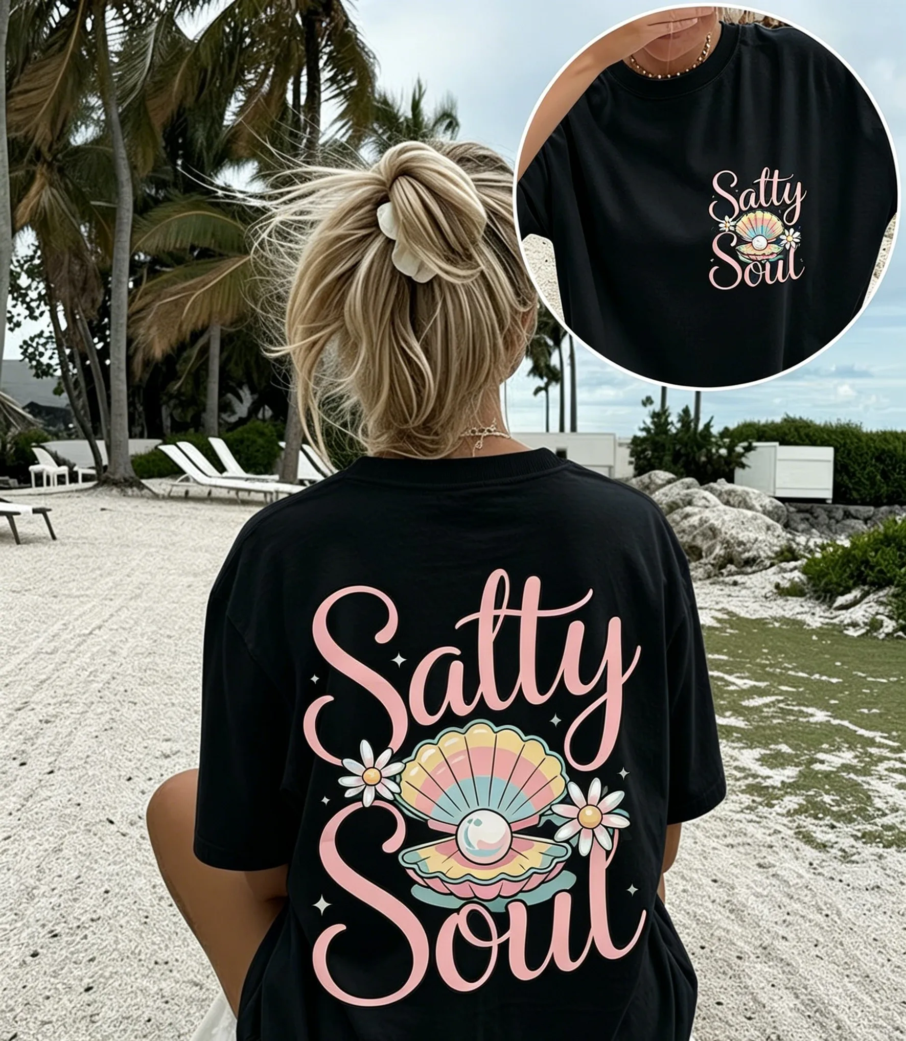 Salty Soul Seashell Pearl Graphic Tee Retro Coastal Beach Vibes Summer Vacation Oversized T-Shirt for Women Casual Streetwear