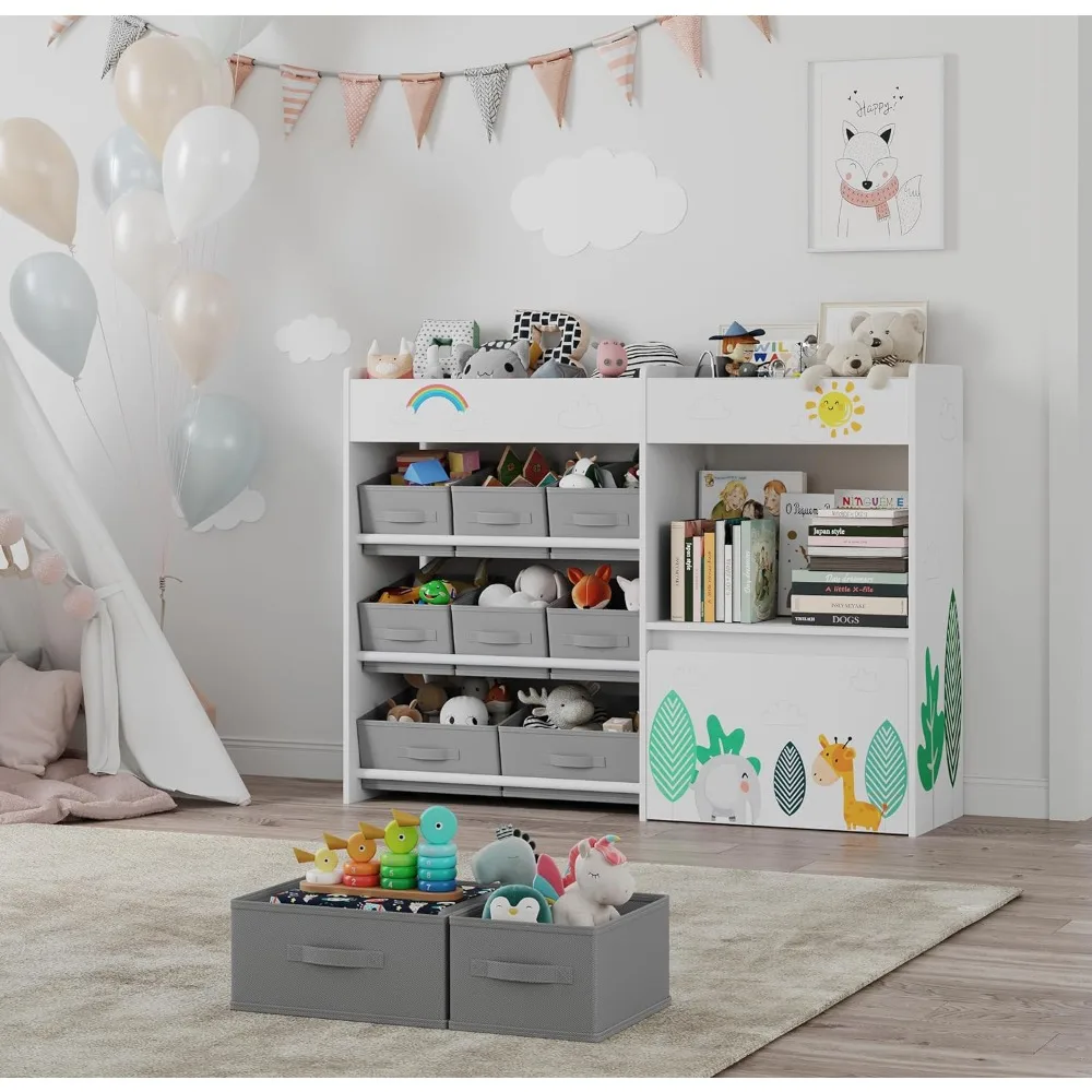 Toy Storage Organizer, Toy Bookshelf with 10 Fabric Bins and Movable Chest, Storage Cabinet for Playroom, School Bookcases