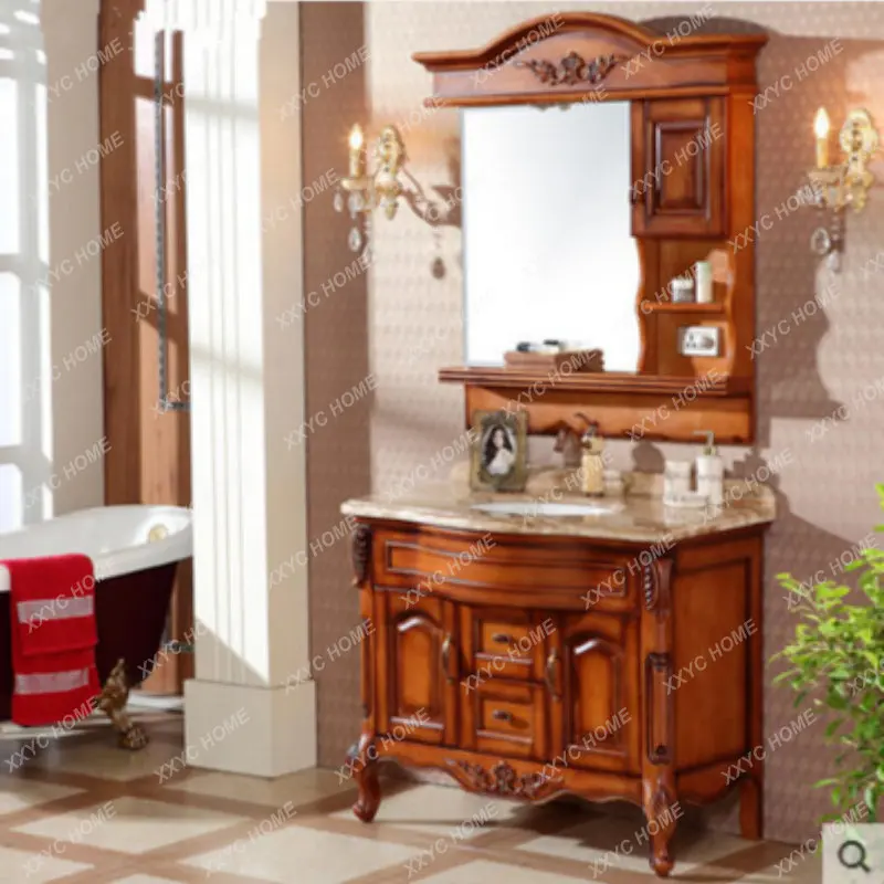 Oak Wood Carved Floor Cabinet Hand Washing and Face Washing Bathroom Cabinet Combination