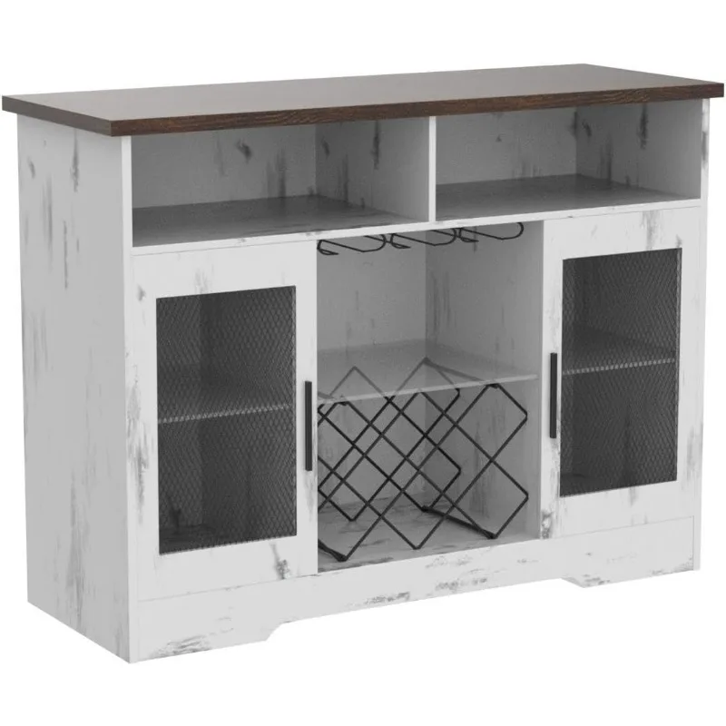 LVSOMT Bar Cabinet with Wine Rack and Glass Holder, LED Sensor Lights Farmhouse Coffee Bar Cabinet for Liquor and Glasses