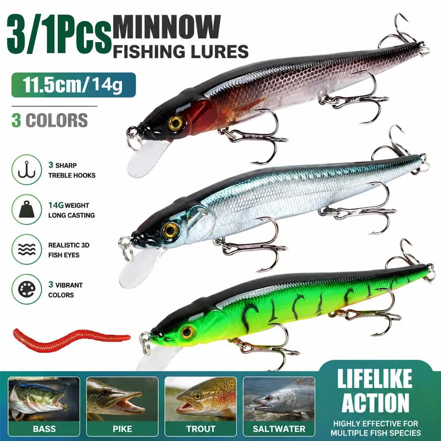 3/1Pcs, 11.5cm Pre-rigged Hard Fishing Lures 3 Treble Hooks, Vibrate Sinking Swim Bait for Bass Trout Fresh & Saltwater Fishing