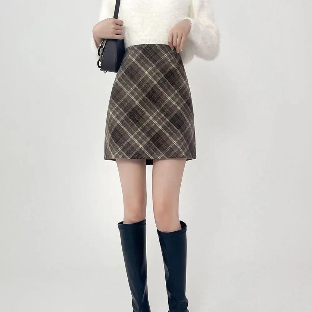 

Elegant High Waist Retro Plaid Skirt Slim Fit Classical High Waist Long Skirt Winter Autumn Preppy Style A-line Half Dress Party