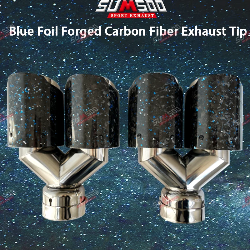 

Genuine SUMSOO Blue Foil Forged Carbon Fiber + Silver Stainless Steel Car Dual Exhaust Tip Double End Pipe Modification Muffler