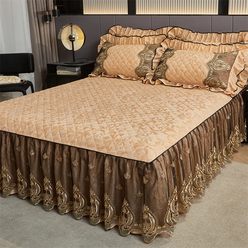 AI WINSURE-European Velvet Bedspreads Luxury, Queen Size, King, Quilted Lace Bed Skirt, Soft Bed Cover, with 2 Pillowcases