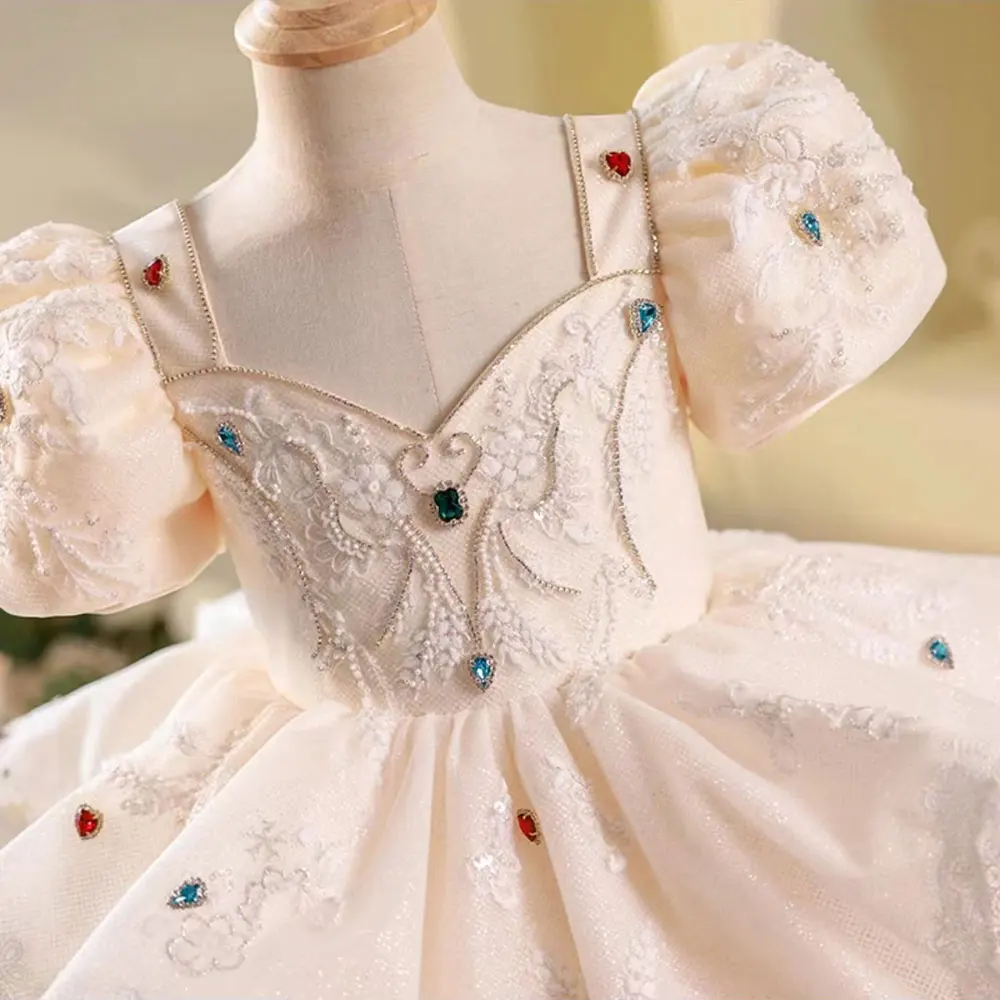 Jill Wish Luxury Elegant White Flower Girl Dress Beads Arabic Princess Kids Wedding Birthday Party Ball Gown Communion 2024 J248