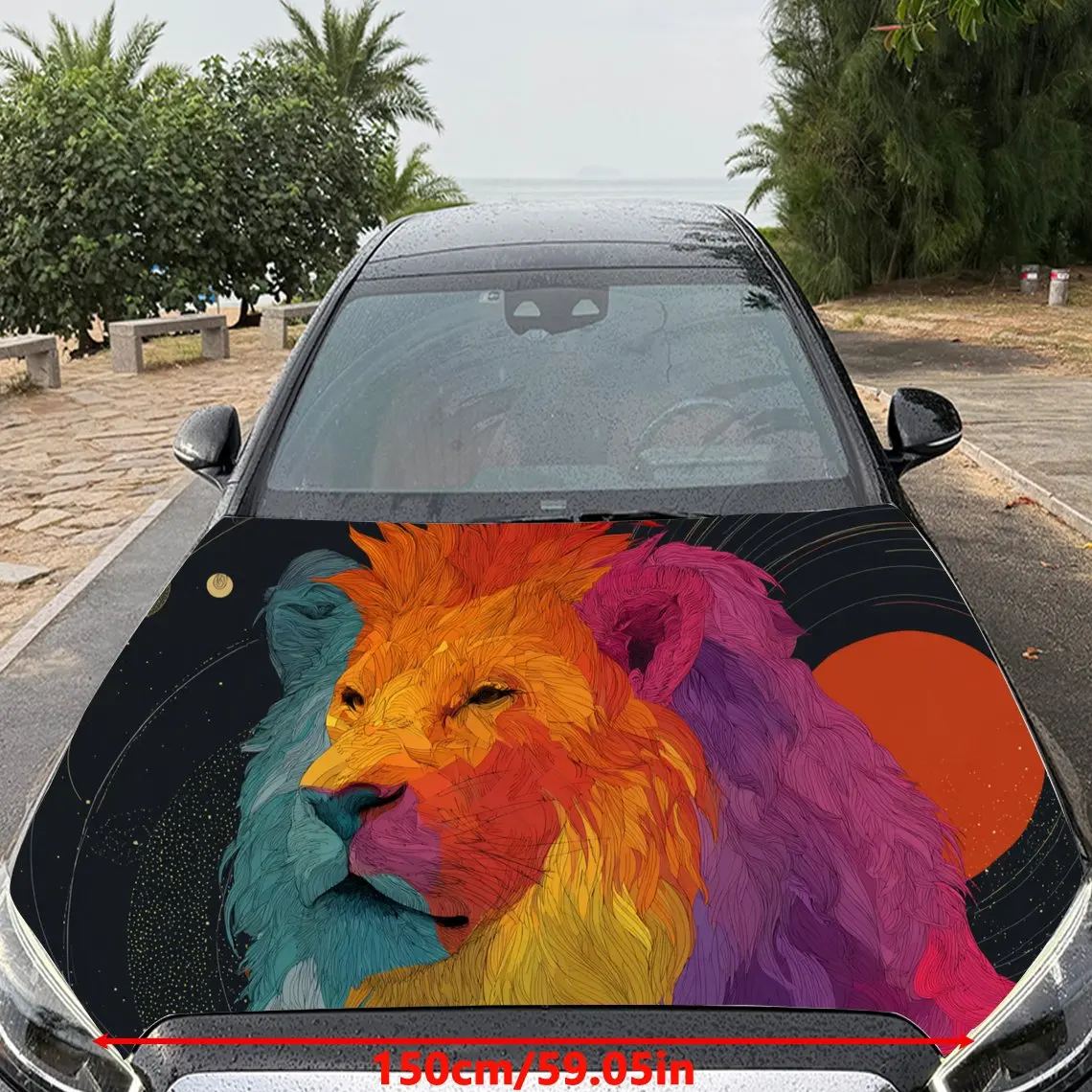 Car Decal Lion with Multicolor Geometric Artistic Background & Ferocious-Dynamic Aesthetic Car Hood Sticker, Waterproof Self - A