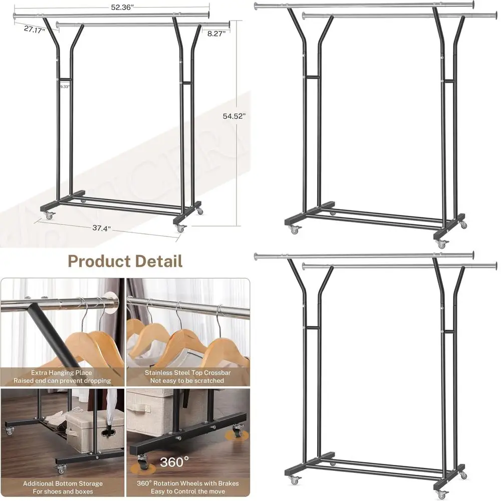 

Металлическая двухъярусная вешалка для одежды 52,36 дюйма с колесами и нижней полкой для хранения вещей