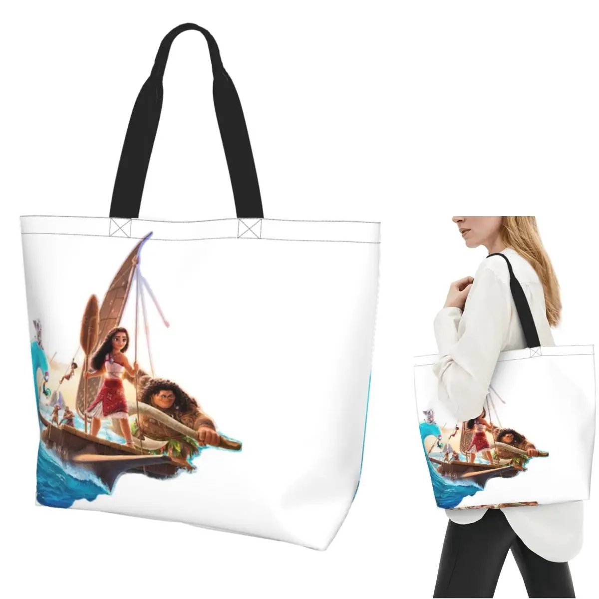 

Moana Cartoon Shopping Tote Bag Canvas Large Capacity Shoulder Bags Shopper Grocery Handbag for Women