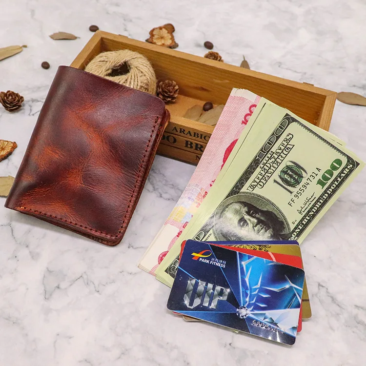 Handcrafted Vintage Leather Wallet Men's Vertical Simple Money Clip Top Layer Cowhide Bifold Wallet Trendy Tannery Leather