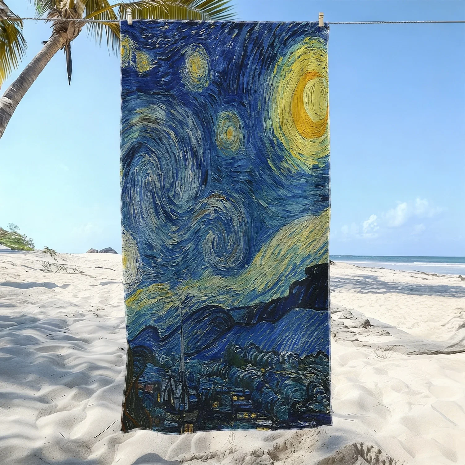 1枚入り-ゴッホ「星月夜」アートスタイルソフトタオル、ビーチに最適、星空の渦巻き模様プリント、マイクロファイバーバスタオル