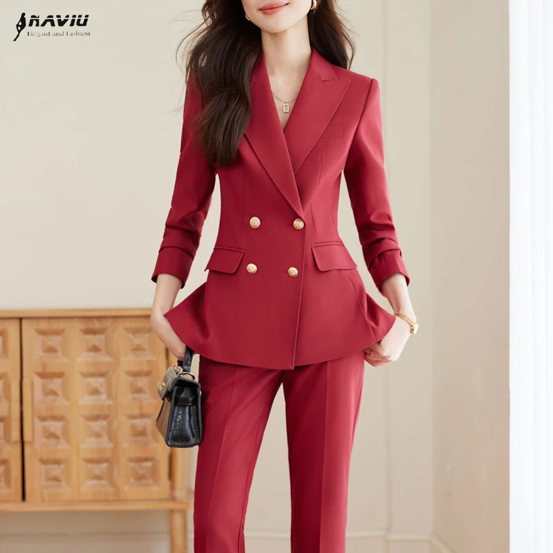 

NAVIU Office Ladies Two Piece Sets Women Outifits 2025 Double Breasted Turn Down Collar Blazer Solid Casual Pant Suits Work Wear
