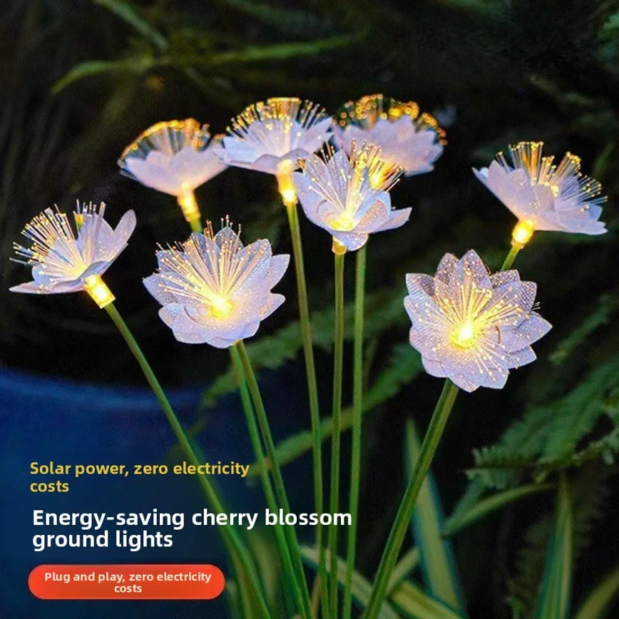 2pcs Solar Cherry Blossom Stake Light Outdoor Fiber Optic Garden Lawn Lamp Waterproof Landscape Decor Light