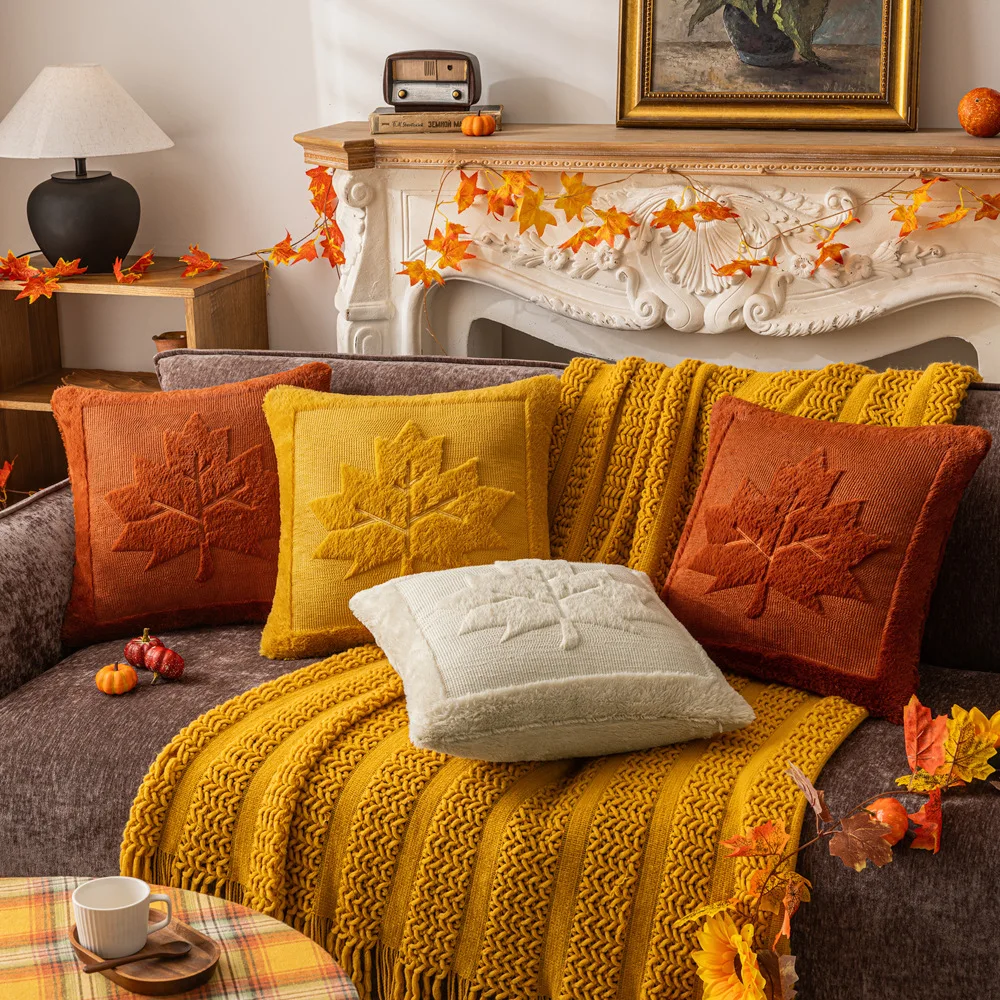 Plush Cushion Cover Harvest Festival Thanksgiving Pumpkin Maple Leaf Embroidery Pillow Case Fall Decor Soft Plush Cozy Sofa Home
