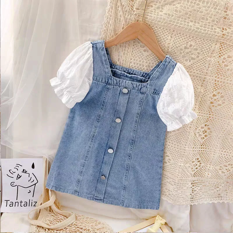 2025 Lace Short-sleeved Denim Skirt Summer New Korean Version Mother and Daughter Fashionable Short Dress Children's Skirt