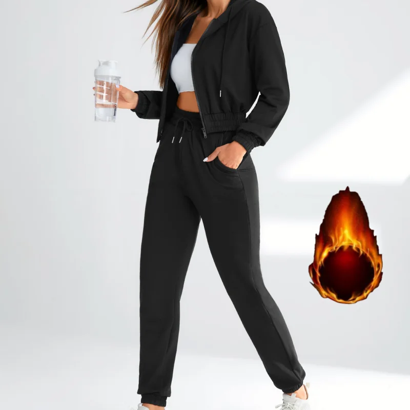 women 2 piece zip hoodie and jogger set Plush two piece sweatsuit Street Casual jogging pants suit set