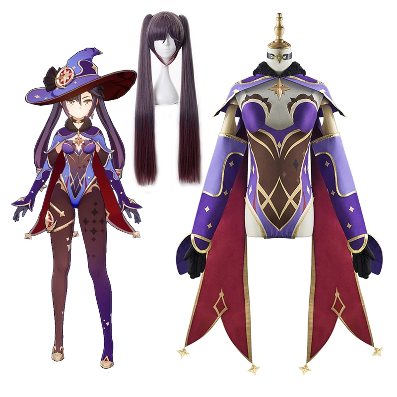 

Anime Genshin Impact Mona Cosplay Costume Halloween Carnival Party Woman Cosplay Jumpsuits Including Glove Hat Vision Jewelry