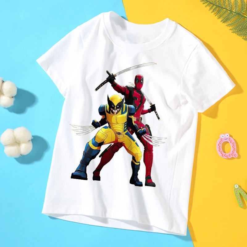 New Deadpool and Wolverine Kids T-shirts Marvel Cartoon Graphic T Shirts Boys Girls Cotton Short Sleeves Tops Children Clothing