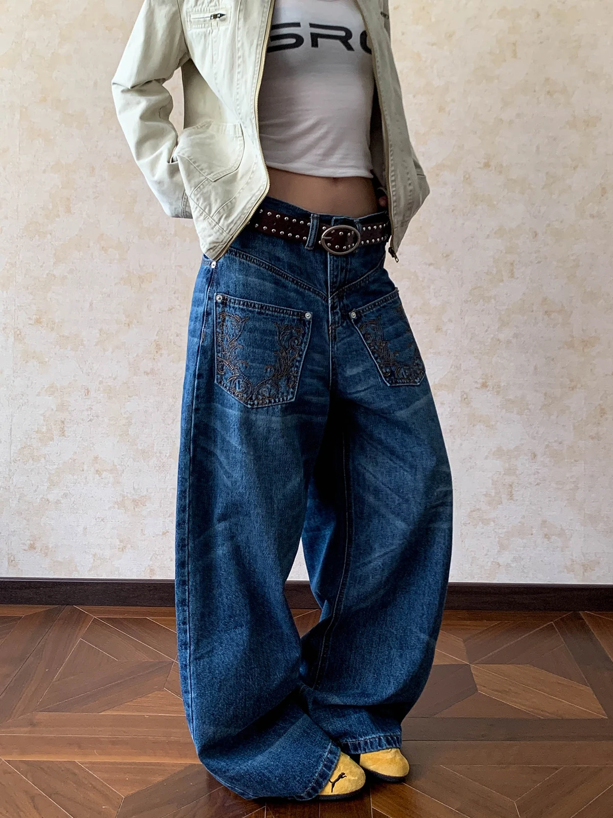 

Джинсы женские Aket American Sle Spicy Girl Baward с вышивкой и эффектом потертости, уникальный дизайн, прямые, в пол, удлиненные