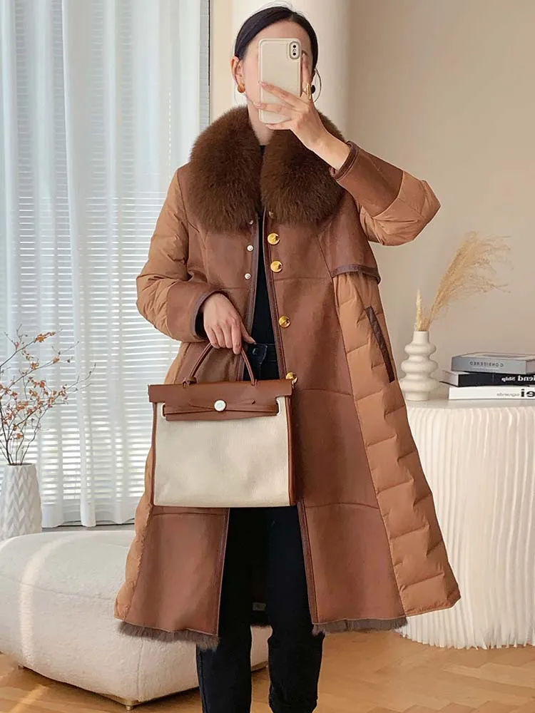 Inverno feminino longo casaco de couro genuíno natural gola de pele de raposa real forro de pele de coelho cinto fino trench novo outerwear