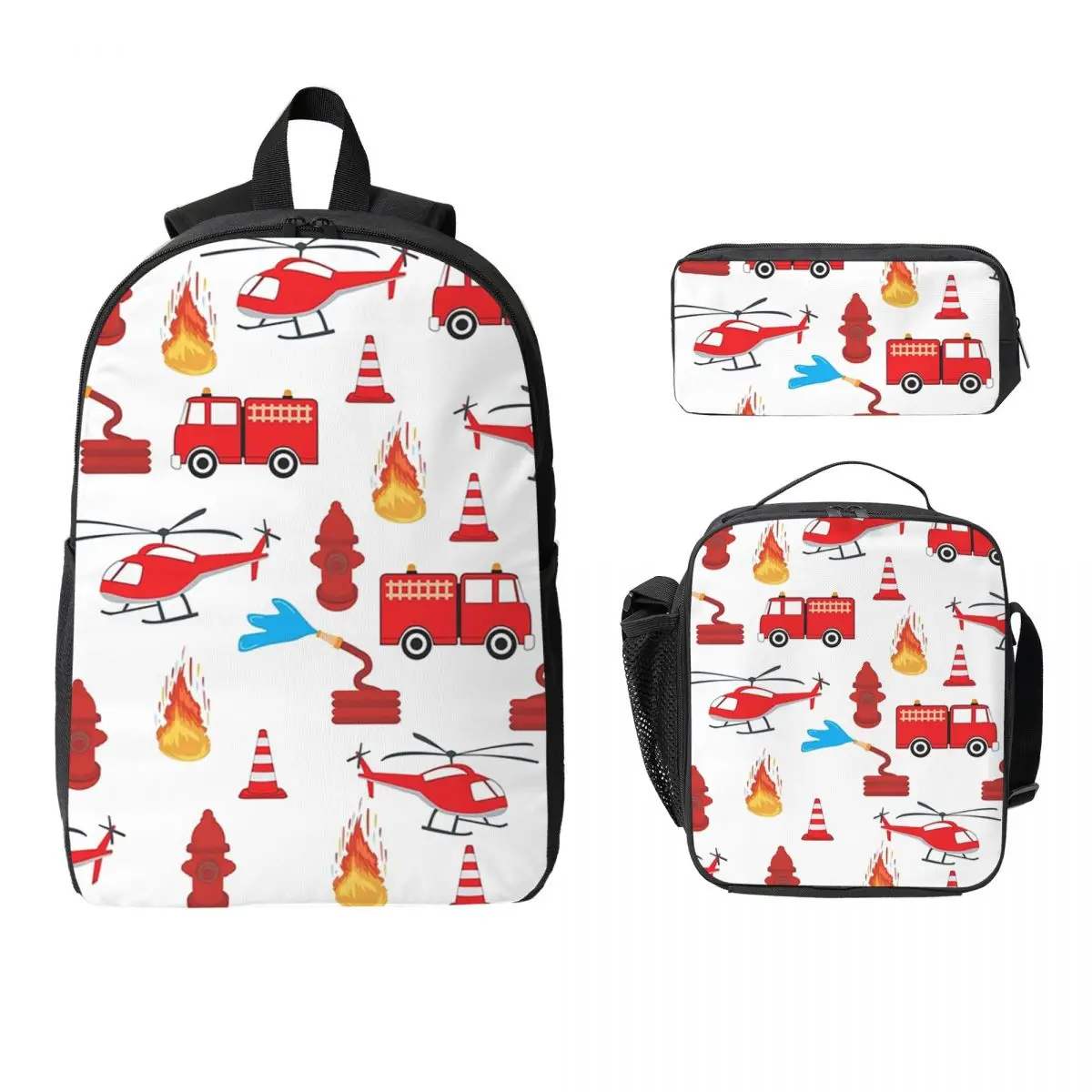 Red Transport Fire Truck Engine Brigade Backpack BookBag School Bag Laptop Shoulder Bags 3ps Insulated Lunch Bag Pencil Case