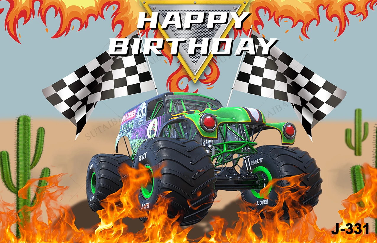 Monster Truck Backdrop Birthday Party Backdrop Racing Cars Grave Digger Checkered Flag Photography Background for Baby Decor