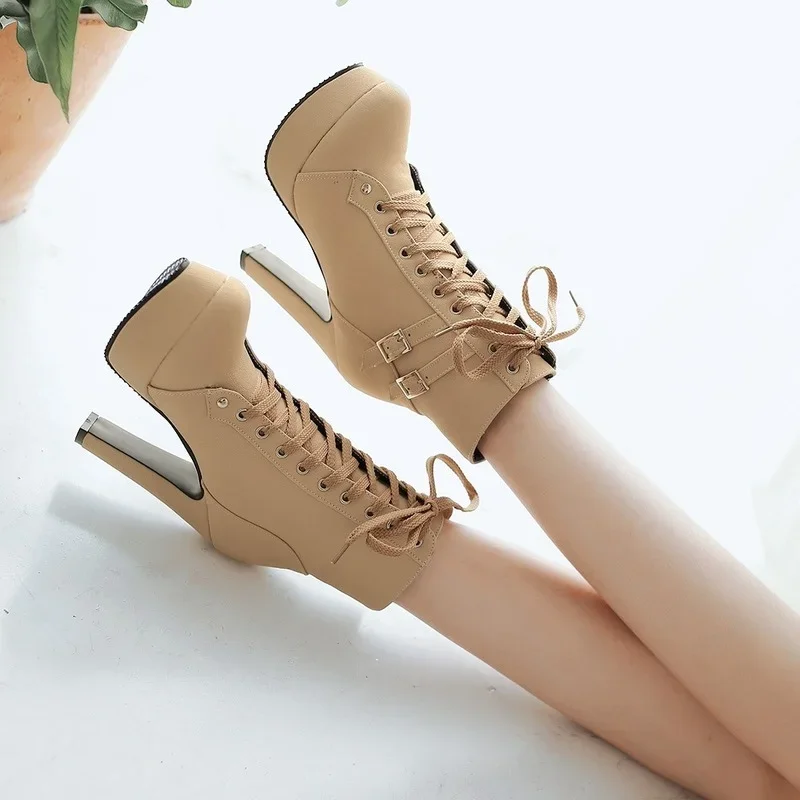 New Fashion Classic Femane Platform Shoes Women Thin Heels WomenANKLE Boots  Lace-up  Round Toe High Heel Boots for Women