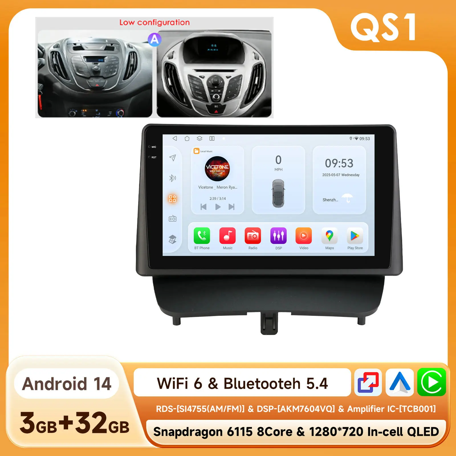 Hizpo 8-Core Android 14 Intelligente autoradio voor Ford Transit/Tourneo Courier 2013-2021 CarPlay 4G BT met Qualcomm Snapdragon 6115