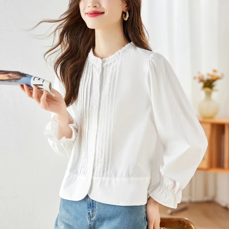 

Женская белая блузка с длинным рукавом из чесаного хлопка, универсальный топ, новинка ранней осени, свободный крой, модный дизайн для повседневной носки