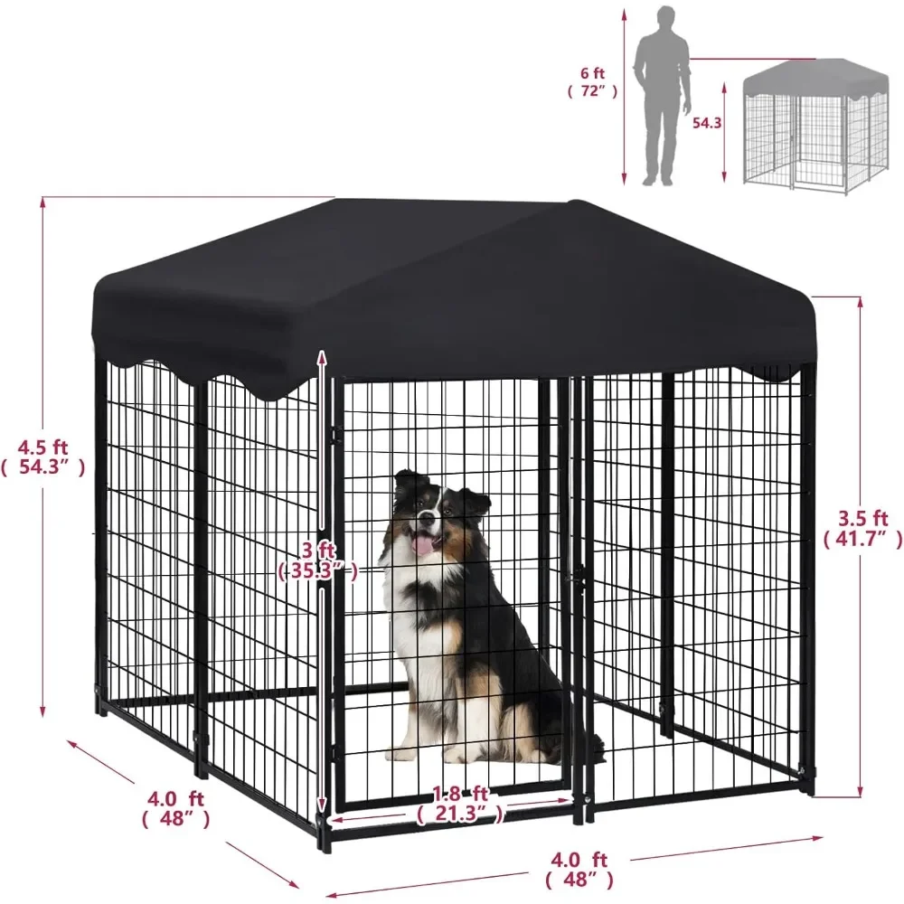 Dog Kennel Outdoor, Heavy Duty Outside Dog House Large Kennel with Roof, 4'L x 4'W x 4.5'H Outdoor Pet Pens with Lock