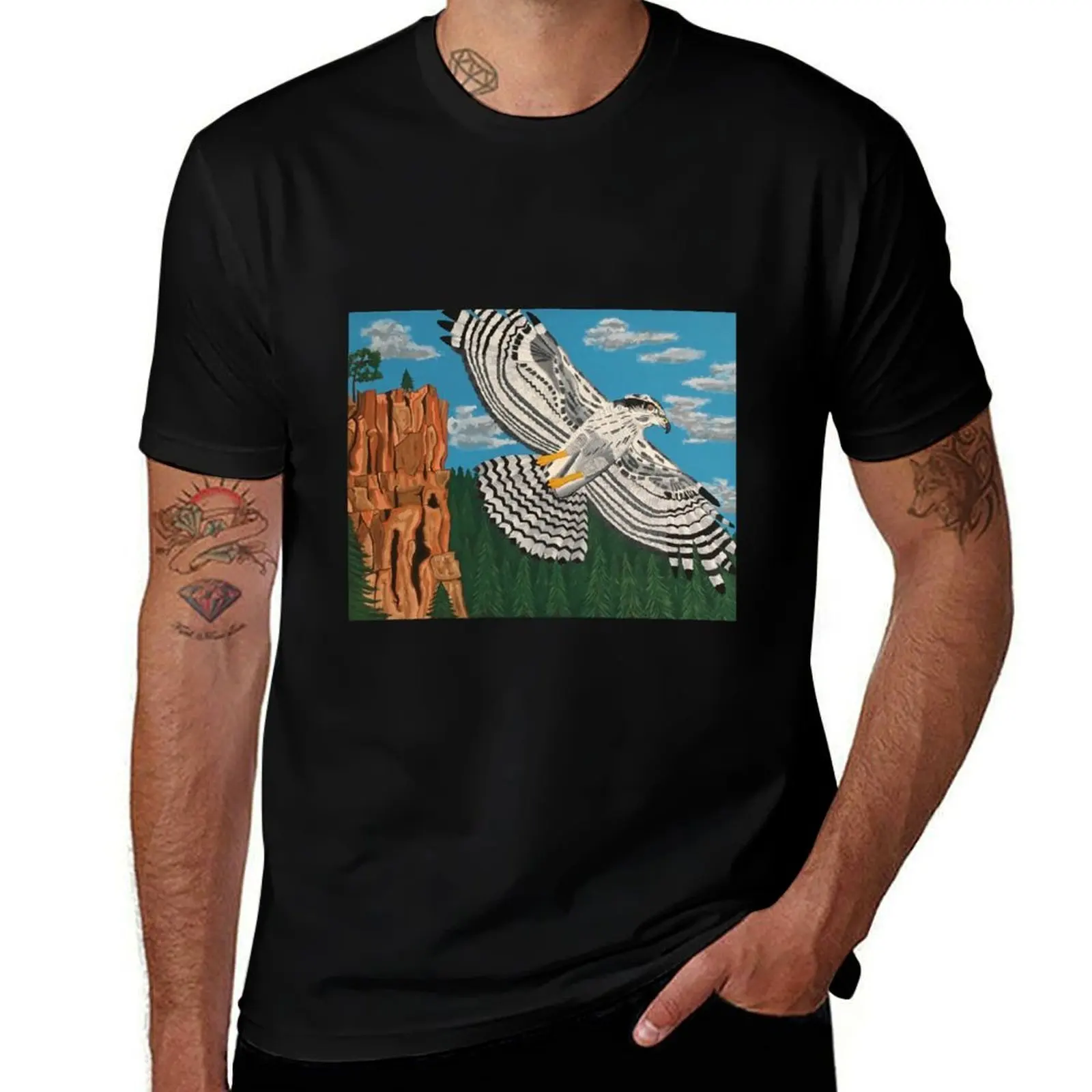 Northern Goshawk soaring over Battleship Rock T-Shirt Sweat Absorbing Sports Tee Shirt T-Shirt