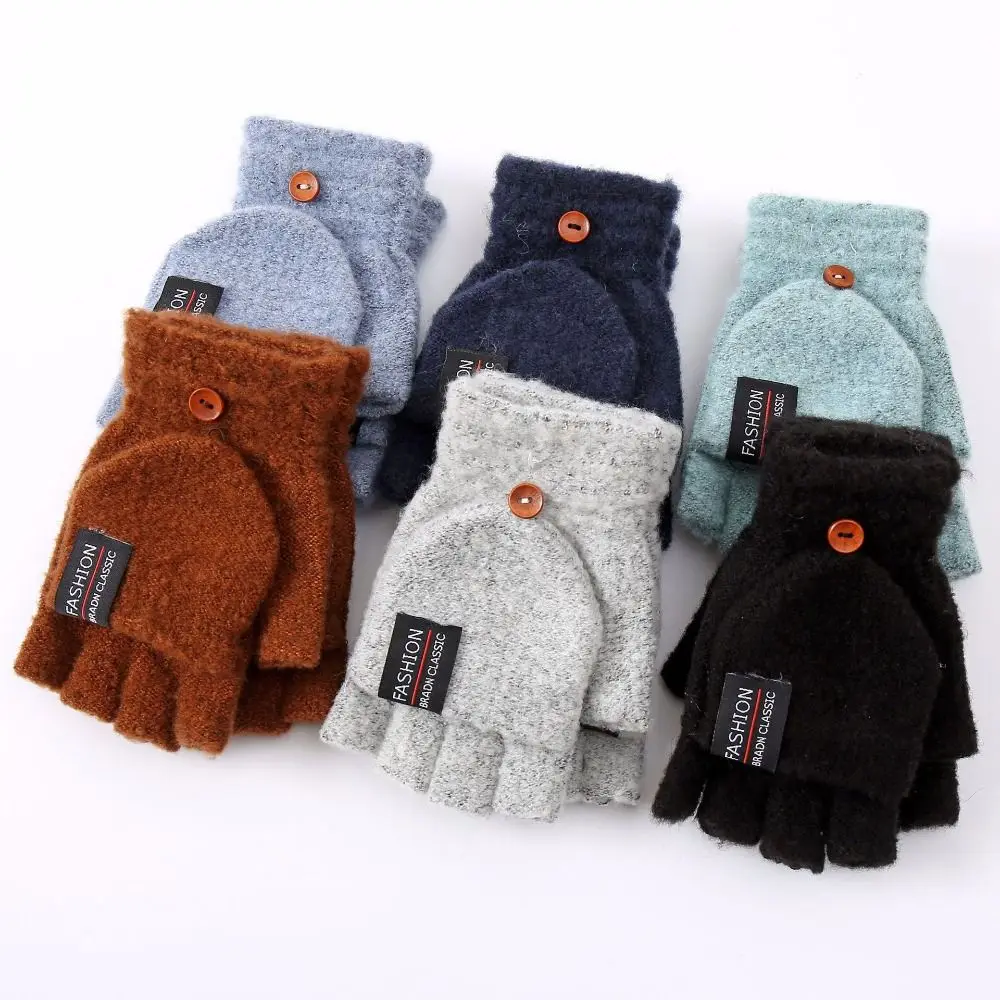Men Women Knitted Imitation Cashmere Half Finger Gloves Fingerless Gloves Thicken Flip Mittens