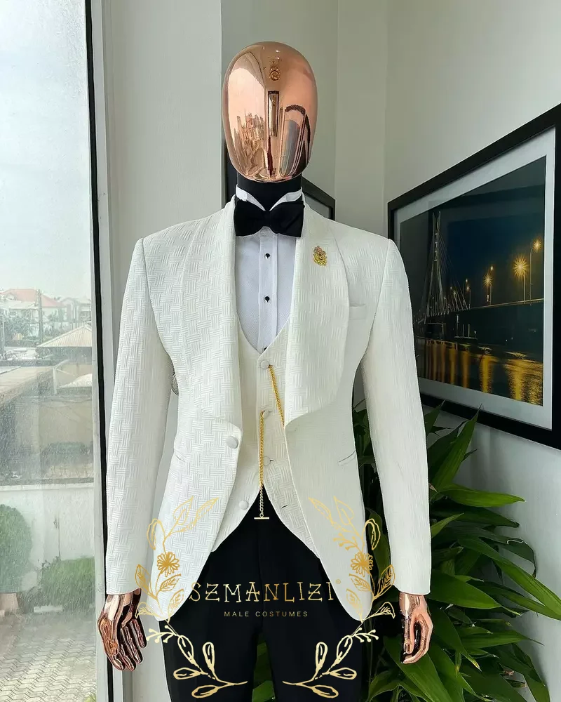 Suits Sets For Men Fashion White Plaid Blazer Vest Floral Pants 3 Pieces Formal Party Tailor-made Elegant Slim Fit Costumes