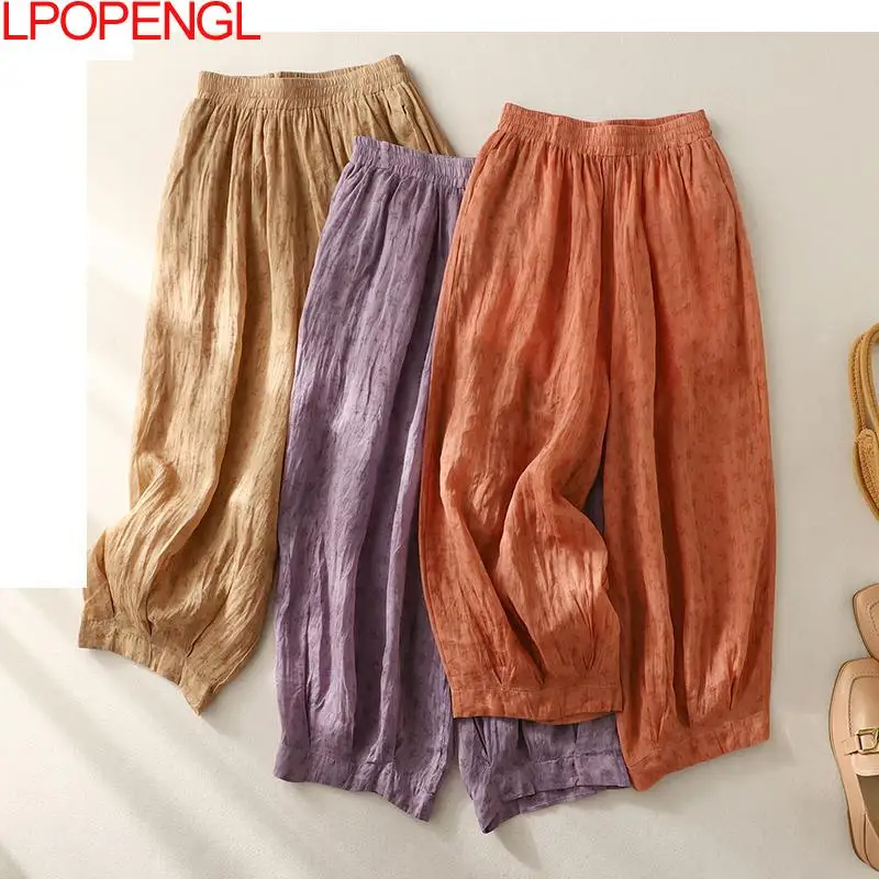 Summer 2023 Literary Loose Linen Wide-leg Pants Women's Elastic Waist Casual All-match Pants