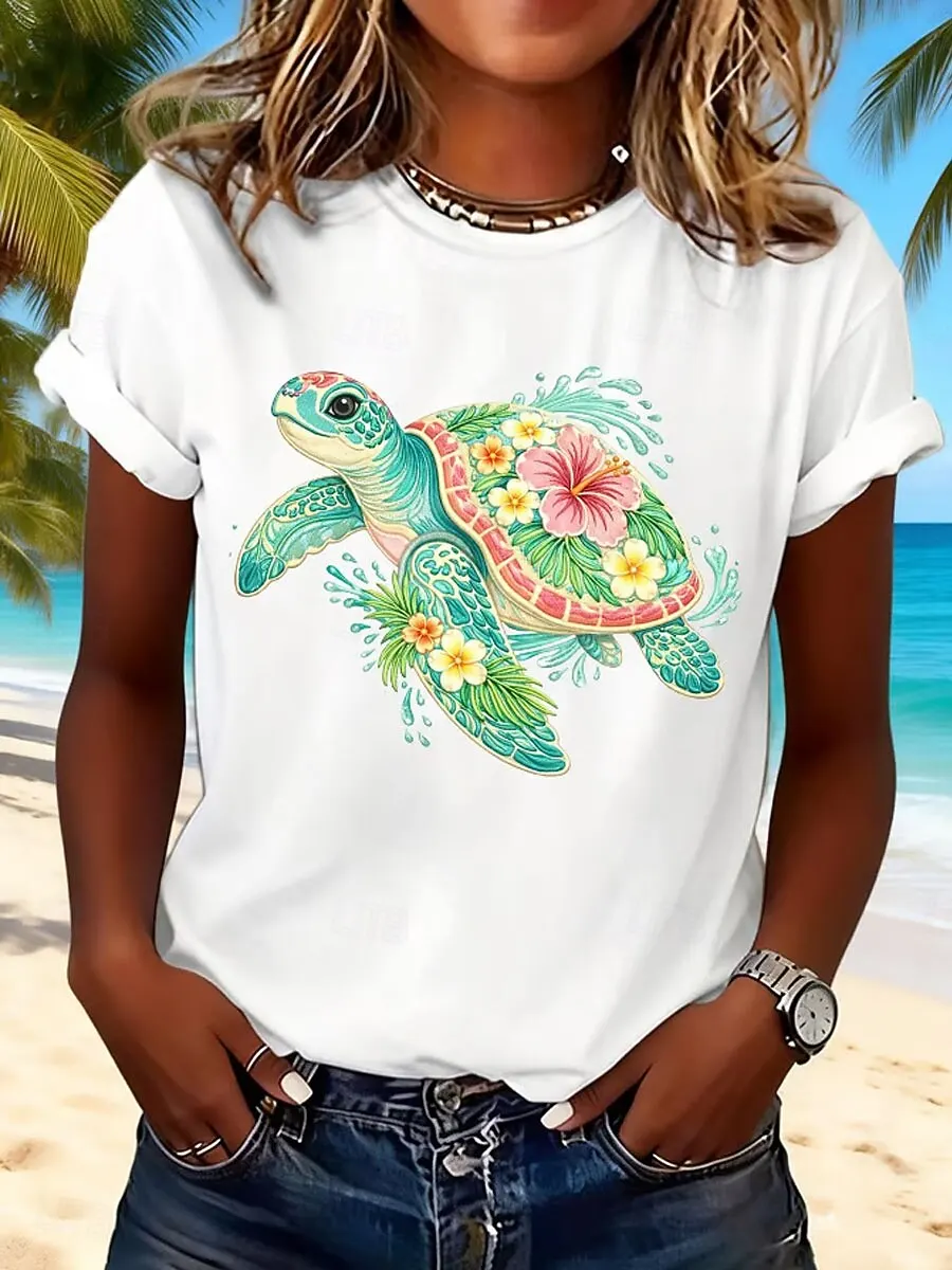 Women's Sea Turtle Graphic T Shirt, Crew Neck Short Sleeve Casual Tops, Multi Fresh Tones for Daily Weekend Spring & Summer