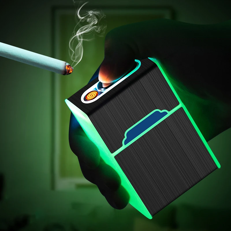 New 2 In 1 Luminous Cigarette Case 20pcs USB Rechargeable Cigarette Lighter Windproof and Dropproof Cigarette Case Gift