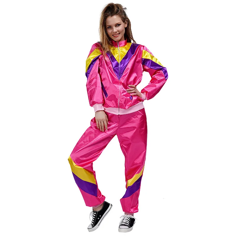 

Women'S 80S Fashion Sportswear 1980S Disco Costume Halloween Party Hippie Costume Pink Jacket Pants Suit