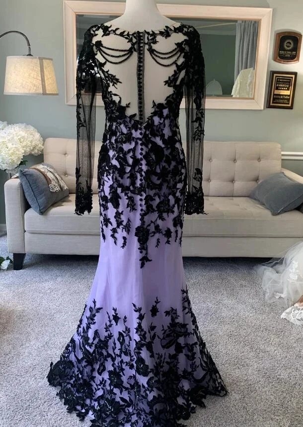 Black Purple Mermaid Wedding Dresses with Detachable Train Illusion Long Sleeve Lace Gothic Bridal Gown vestido de noiva branco