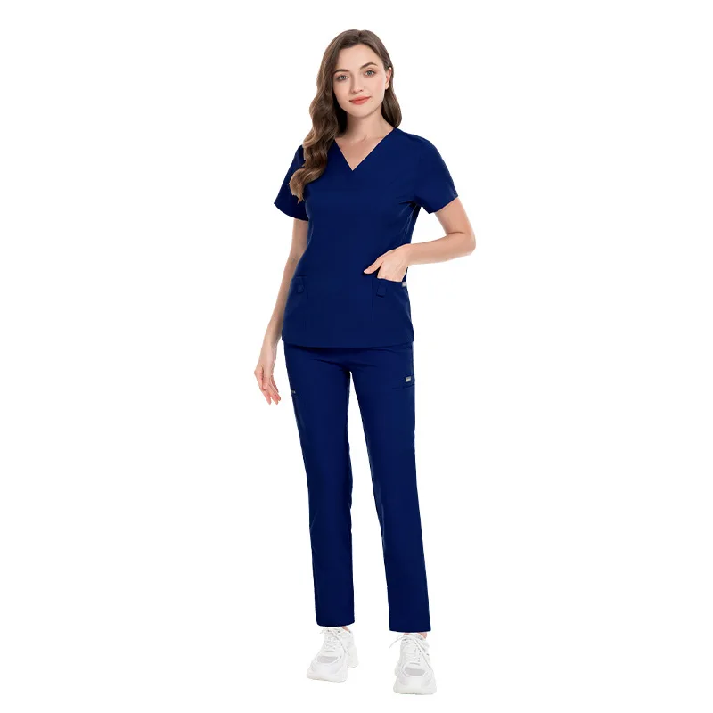 Spandex Elastic Surgical Clothing V-neck Short Sleeved Hospital Nurse Female Operating Room Hand Washing Scrub Sets