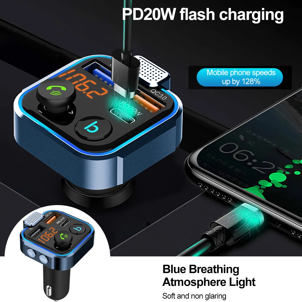 Bluetooth 5.0 FM Transmitter Handsfree Call Car AUX Radio Modulator MP3 Player with QC3.0 & PD20W Fast Charge Adapter 12-24V