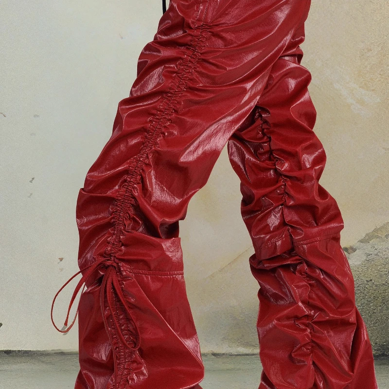 Original Design American Pleated Drawstring Red Women's Leather Pants Autumn New Sweet Cool Sexy Hot Girl Trousers Ladies Ladies