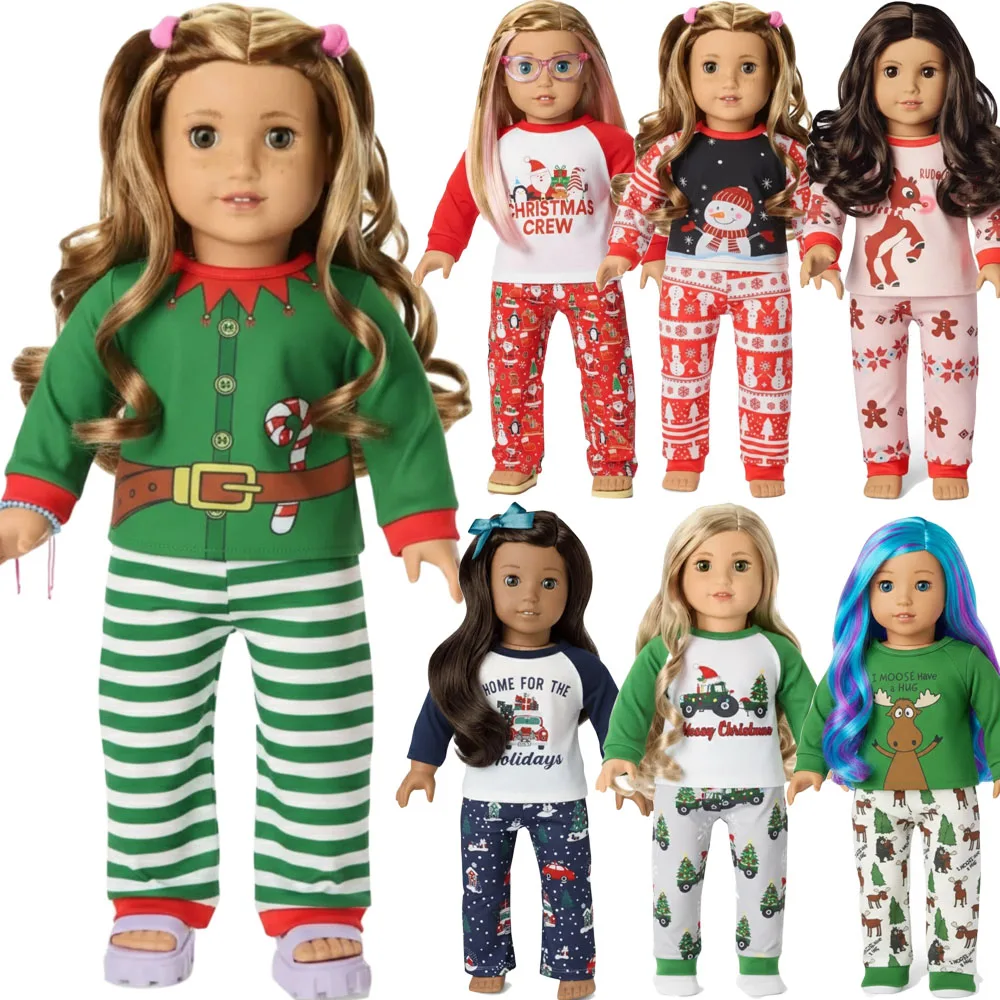 2Pcs Lastest Doll Set Daily Pajamas Christmas Pattern Top+Pant For 18Inch American&43CM Baby Doll Clothes ,Christmas Gifts Toys