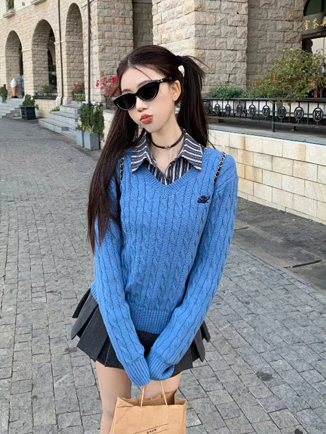 

Korean Sle Blue V-Ne Long Sve Sweater Women's Faion Slimming Inner Wear Layering Knitted Top for Autumn Winter
