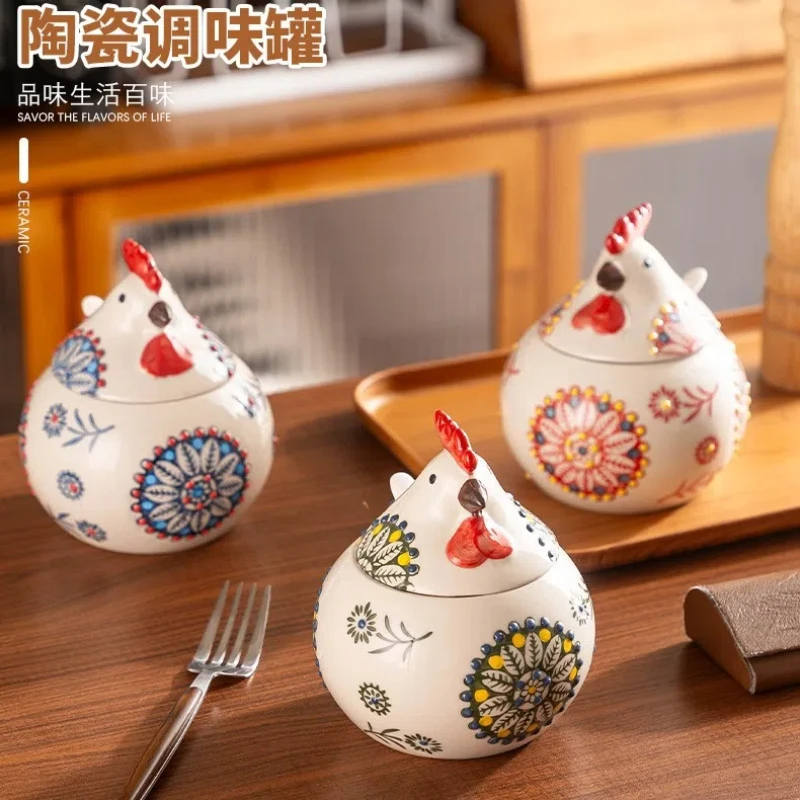 

Kitchen Spice Organizer Cute Chicken Creative Spice Jar Household Ceramic with Lid with Spoon Underglaze Hand-painted Spice Jar